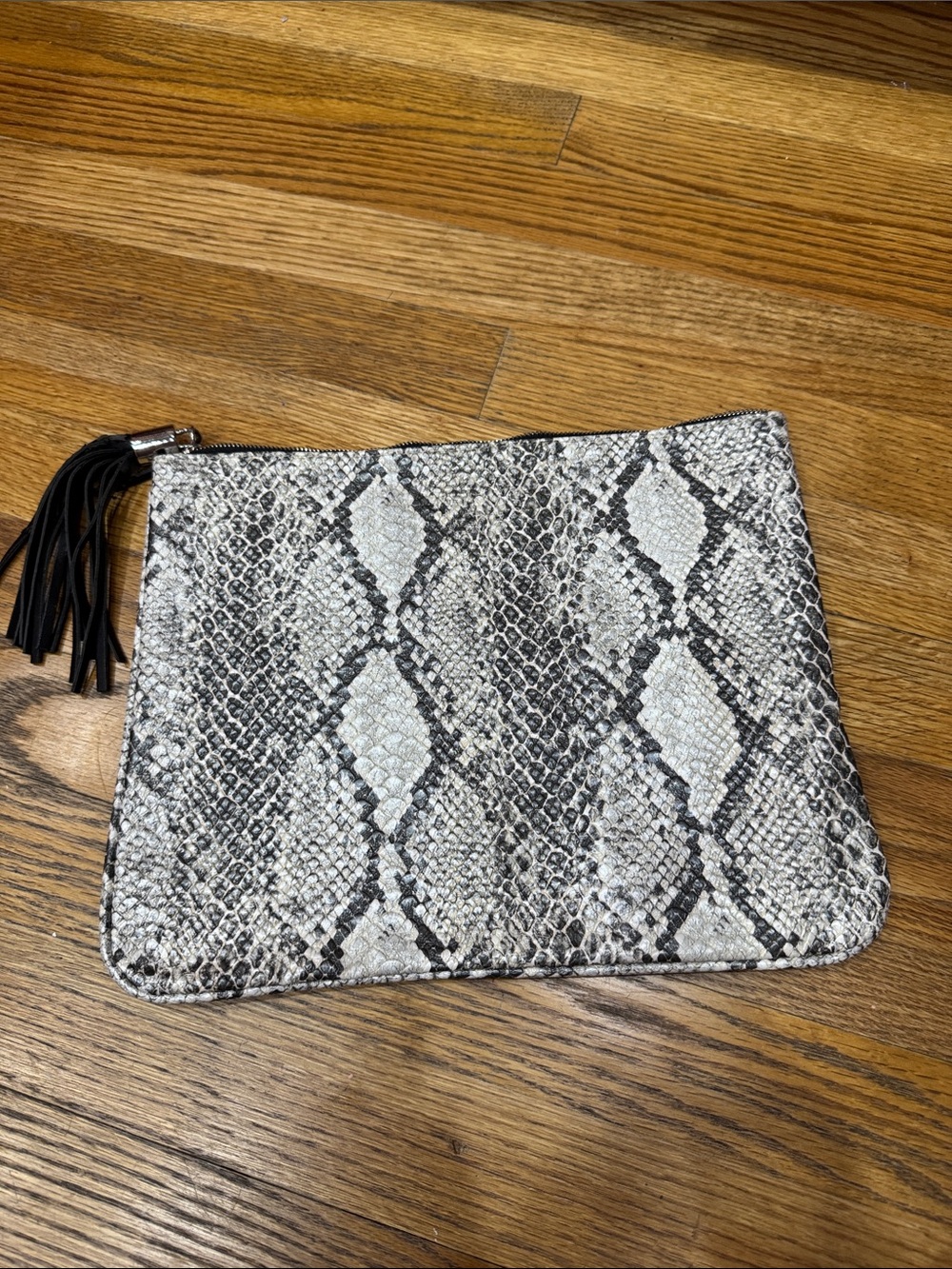 Snake-Print Zip Pouch Clutch in Gray and Black with Tassel